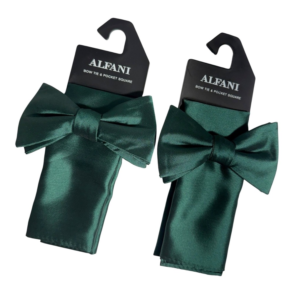 Alfani Bow Tie & Pocket Square Set Mens Green satin One Size lot of 2
